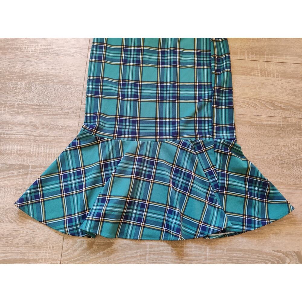 Blue Green Plaid‎ Tartan Trumpet Hem Midi Skirt Mermaid Pull On Size M Office - Picture 3 of 8